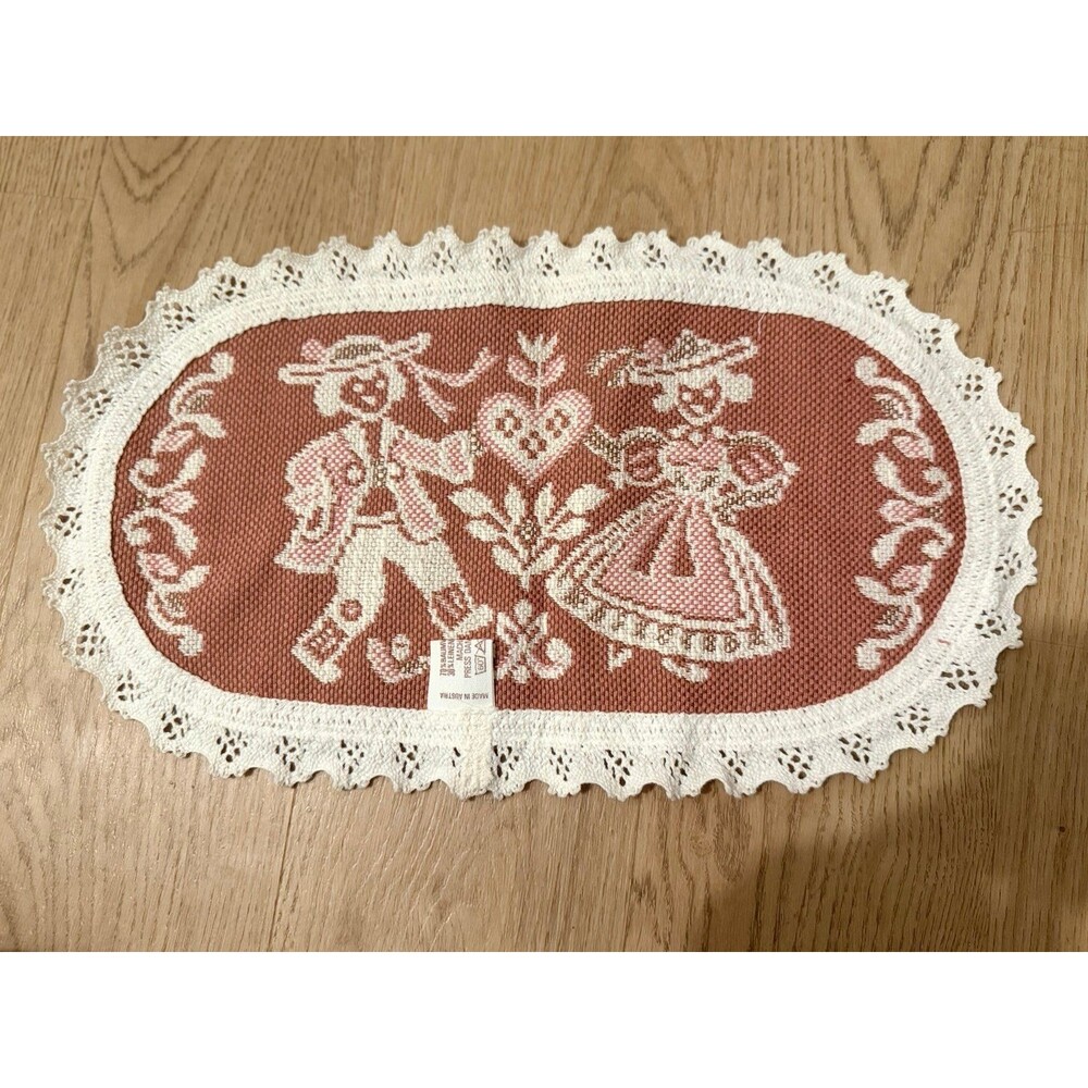 Vintage Oval Lace Trimmed Table Decor w/Floral Made in Austria Folk Art Placemat
